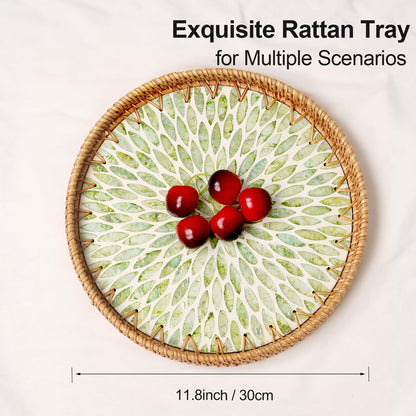 Round Rattan Tray with Mother of Pearl Inlay, Rattan Serving Tray for Coffee, Bread, Fruits, Decorative Wicker Tray for Table Decor, Home Decor, Kitchen Island Decor(Black Checkerboard, 11.8")