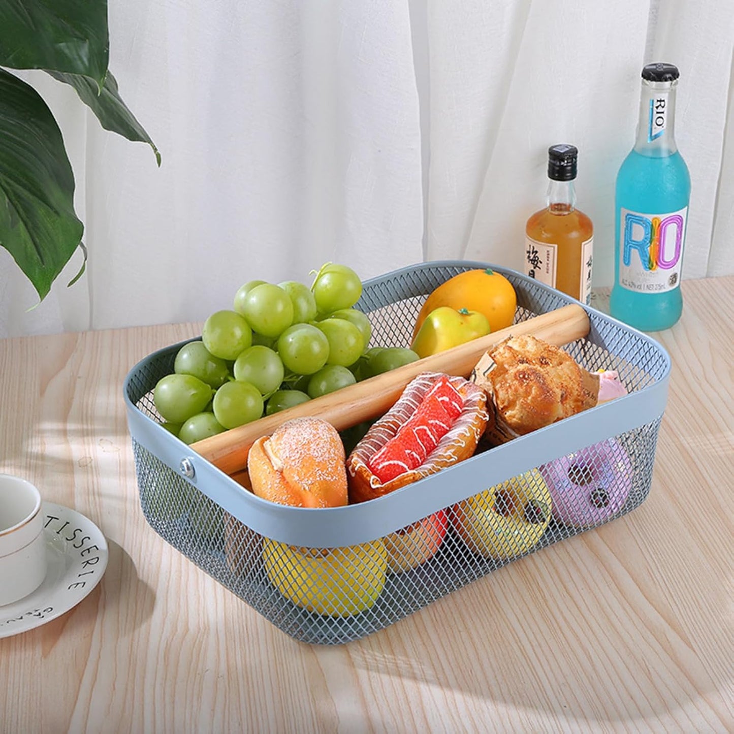 AJIODA Metal Mesh Steel Storage Basket, Garden Harvest Wire Organizer Basket Multi-functional Kitchen Fruit Basket with Wooden Removable Partition & Handle for Bathroom Picnic Decor Cabinet, Grey
