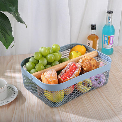 AJIODA Metal Mesh Steel Storage Basket, Garden Harvest Wire Organizer Basket Multi-functional Kitchen Fruit Basket with Wooden Removable Partition & Handle for Bathroom Picnic Decor Cabinet, Grey