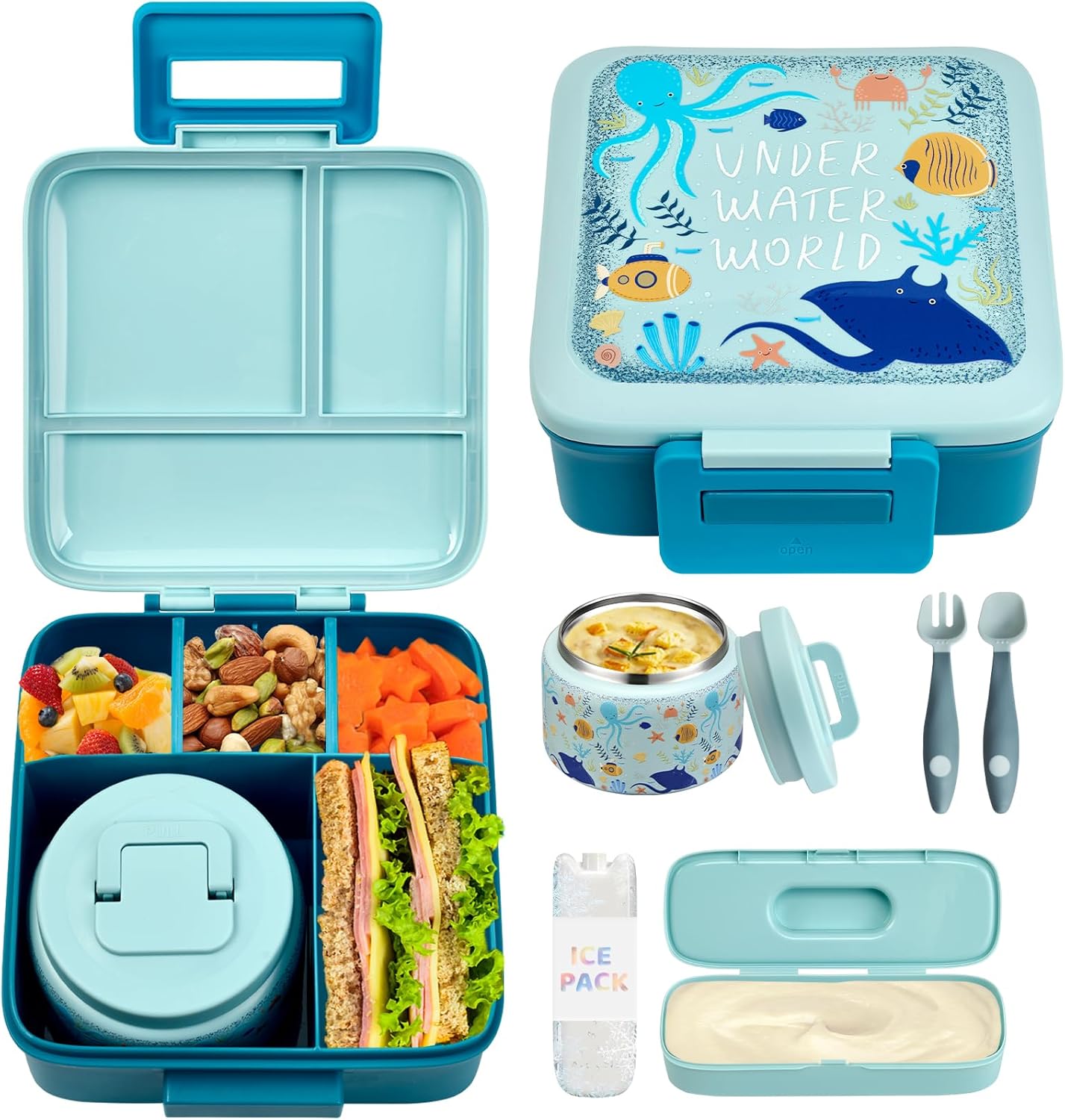 JXXM Bento Lunch Box for Kids With 8oz Soup thermo,Leak-proof Lunch Containers with 5 Compartment,thermo Food Jar and Lunch Bag, Food Containers for School (A-Blue(Extreme Locomotive))