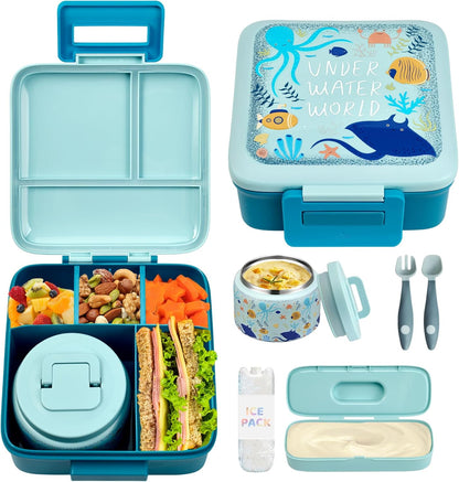 JXXM Bento Lunch Box for Kids With 8oz Soup thermo,Leak-proof Lunch Containers with 5 Compartment,thermo Food Jar and Lunch Bag, Food Containers for School (A-Blue(Extreme Locomotive))