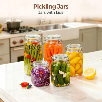 ComSaf Set of 3 Square Glass Jars with Airtight Lids (51 Oz) — Wire Clamp Canisters for Small-Batch Pickling, Kimchi, Bulk Dry Food, Wide Mouth Space Saving Kitchen Pantry Organization Jars
