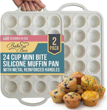 2-Pack Silicone Muffin Pan Set – Regular 12 Cup & Mini 24-Cup Silicone Muffin Pans for Baking – Nonstick Silicone Cupcake Pan with Metal-Reinforced Handles – BPA-Free, Dishwasher-Safe, Cream