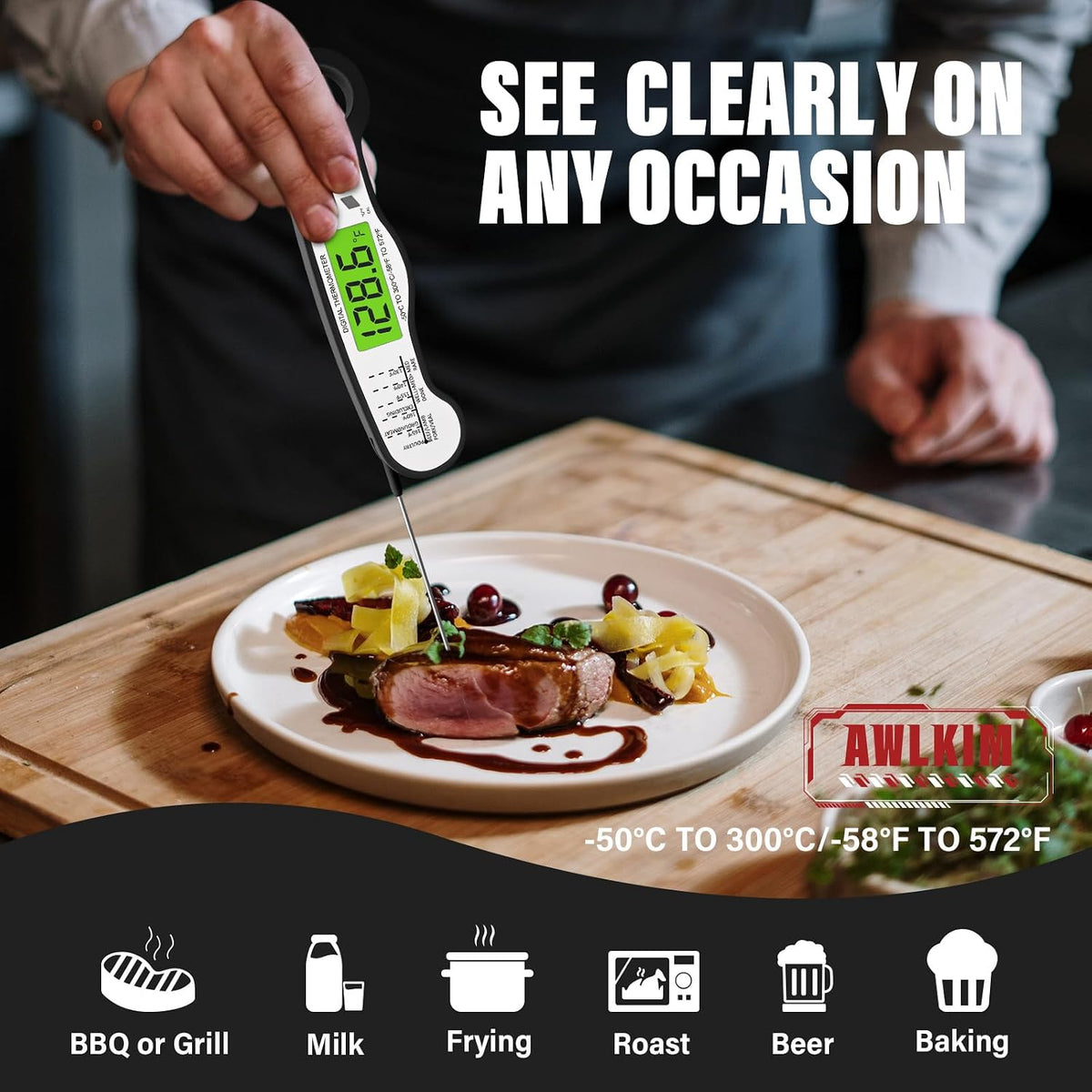 AWLKIM Meat Thermometer Digital, Instant Read Food Thermometer, Red
