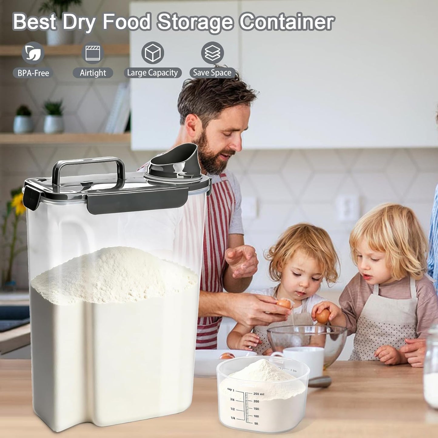 Komzon Rice Storage Containers, 20 LB Rice dispenser with Pouring Spout Large Bin for Flour, Pasta, Grain and Baking, Pet Dog Cat Bird Food Container Grey