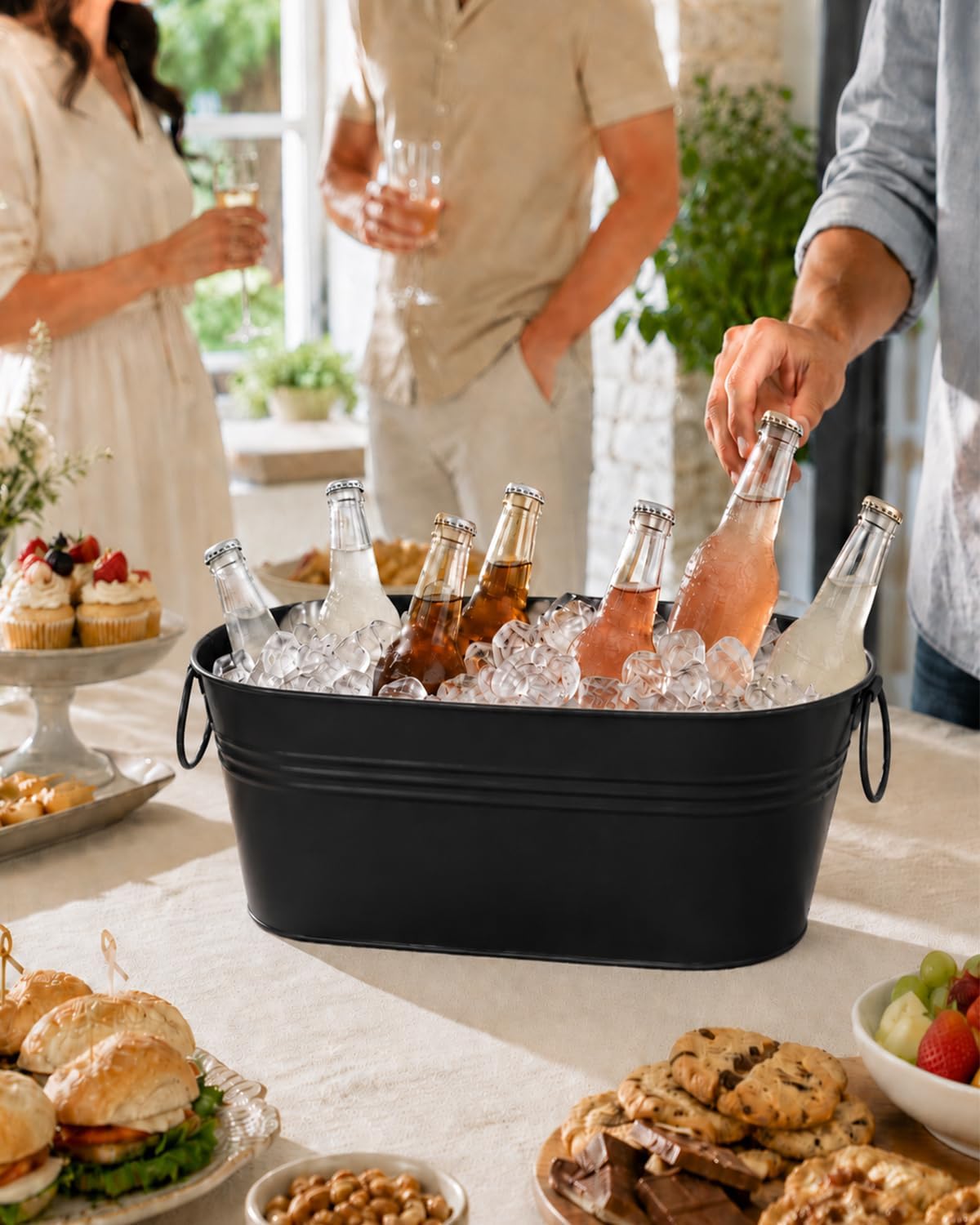 2 Pack 3 Gallon Galvanized Tub Ice Bucket, 15x7x6.5" Metal Drink Buckets for Parties, Leak-Proof Beer Beverage Tubs with Handles for Champagne Wine Mimosa Bar Supplies (White)