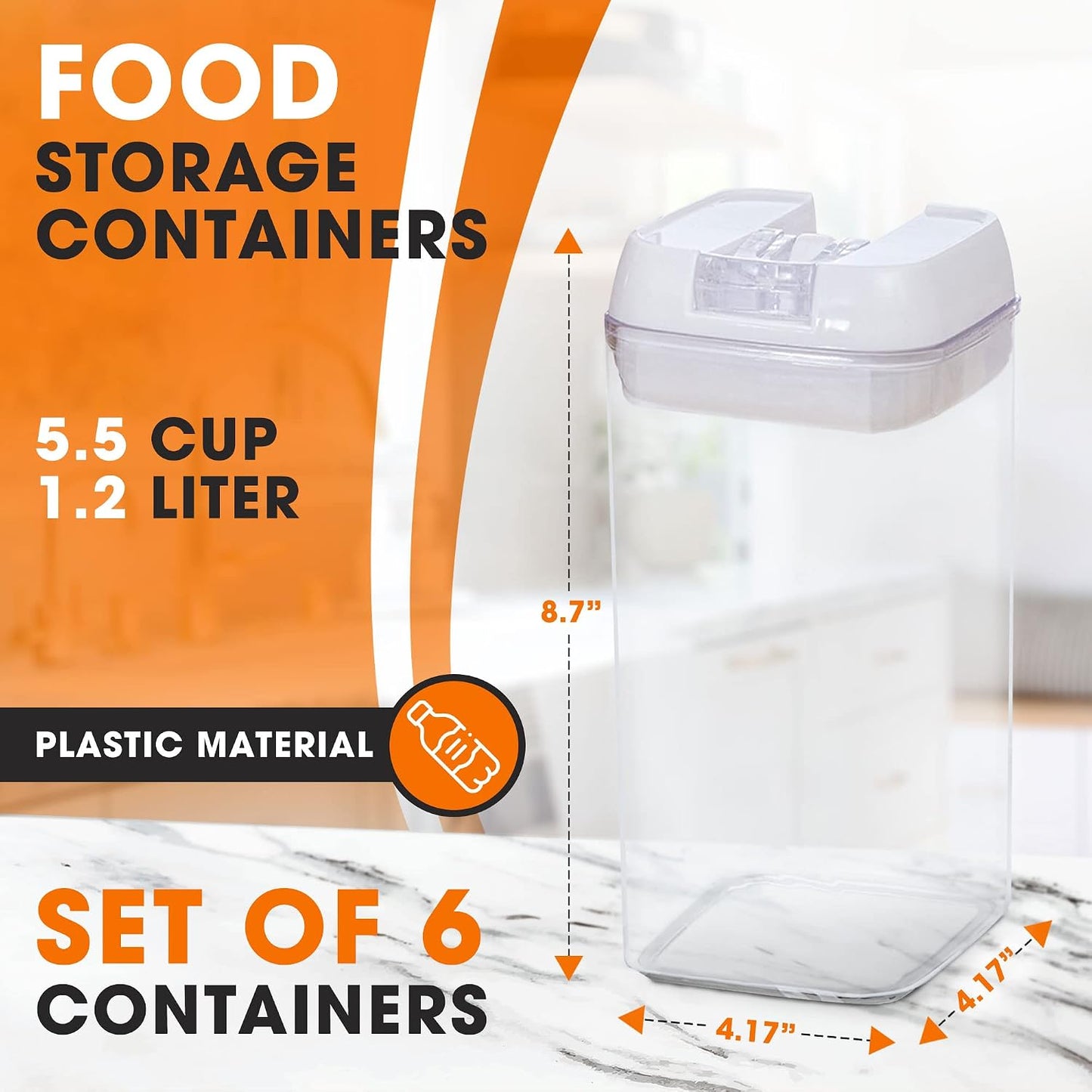 Set of 6 Airtight Food Storage Containers - Pantry Organizer Bins, BPA Free Plastic Containers plus Dry Erase Marker and Labels, Pink