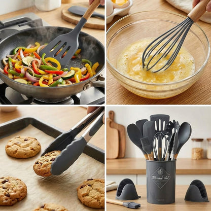 Silicone Cooking Utensils Set, Kitchen Utensils for Cooking with Holder, Wooden Handle Silicone Utensils Spatula Set, Heat Resistant, BPA Free, Non Toxic Kitchen Gadgets, Gray