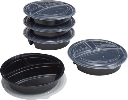 3-Compartment 1L Round Meal Prep Food Storage Container, 5 Pack - Airtight Leak-Proof, BPA-Free Microwave Safe, Stackable Reusable for Portion Control, Lunch & Leftover Storage