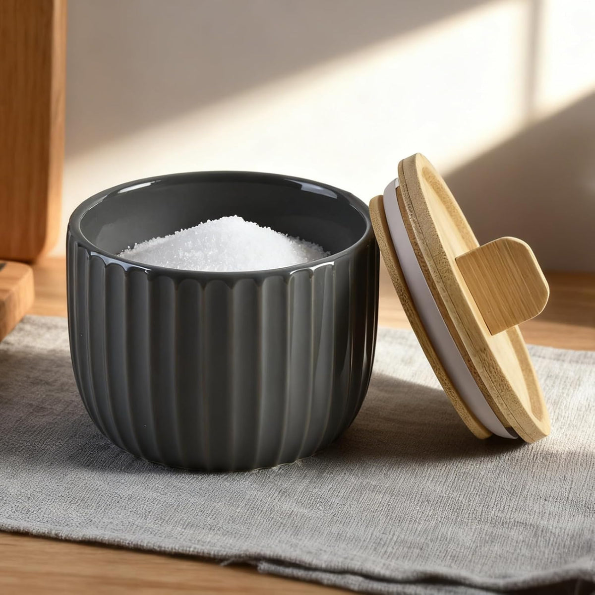 Salt Cellar Keeper with Bamboo Lid, 14oz Big Capacity Ceramic Sugar Bowls Pepper Box, Crackle Glaze Seasoning Container Condiment Pot for Kitchen (Blue Color)