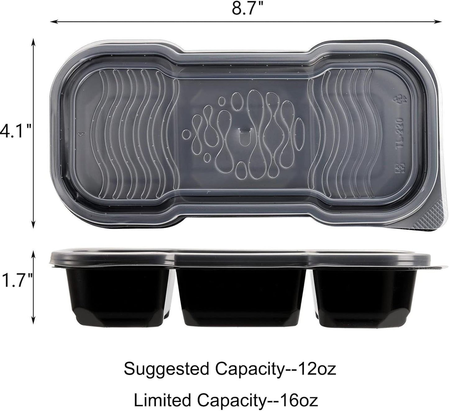 Hiceeden 50 Pack 16 Oz Small Meal Prep Containers with 3 Compartments, Disposable Plastic Bento Snack Boxes with Lid, Stackable Food Containers Reusable Travel Lunch Boxes for Office, School, Black