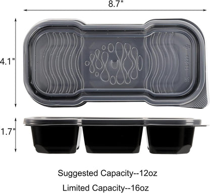 Hiceeden 50 Pack 16 Oz Small Meal Prep Containers with 3 Compartments, Disposable Plastic Bento Snack Boxes with Lid, Stackable Food Containers Reusable Travel Lunch Boxes for Office, School, Black