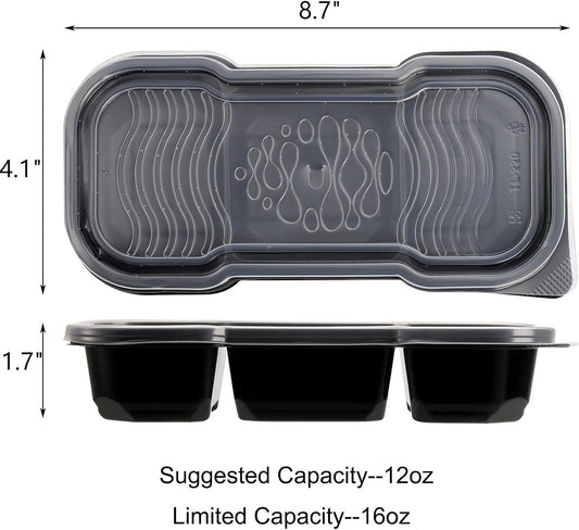 Hiceeden 50 Pack 16 Oz Small Meal Prep Containers with 3 Compartments, Disposable Plastic Bento Snack Boxes with Lid, Stackable Food Containers Reusable Travel Lunch Boxes for Office, School, Black