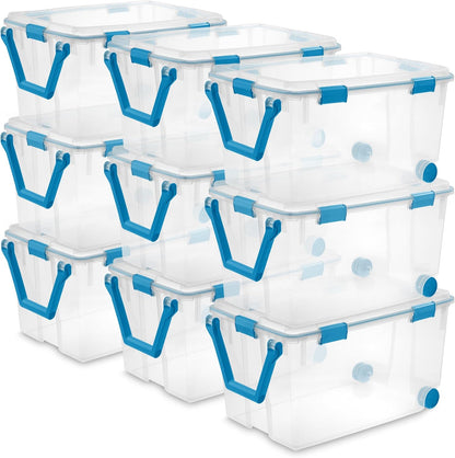 Sterilite 80 Qt Gasket Box, Stackable Storage Bin with Latching Lid and Tight Seal, Plastic Container to Organize Basement, Clear Base and Lid, 1-Pack