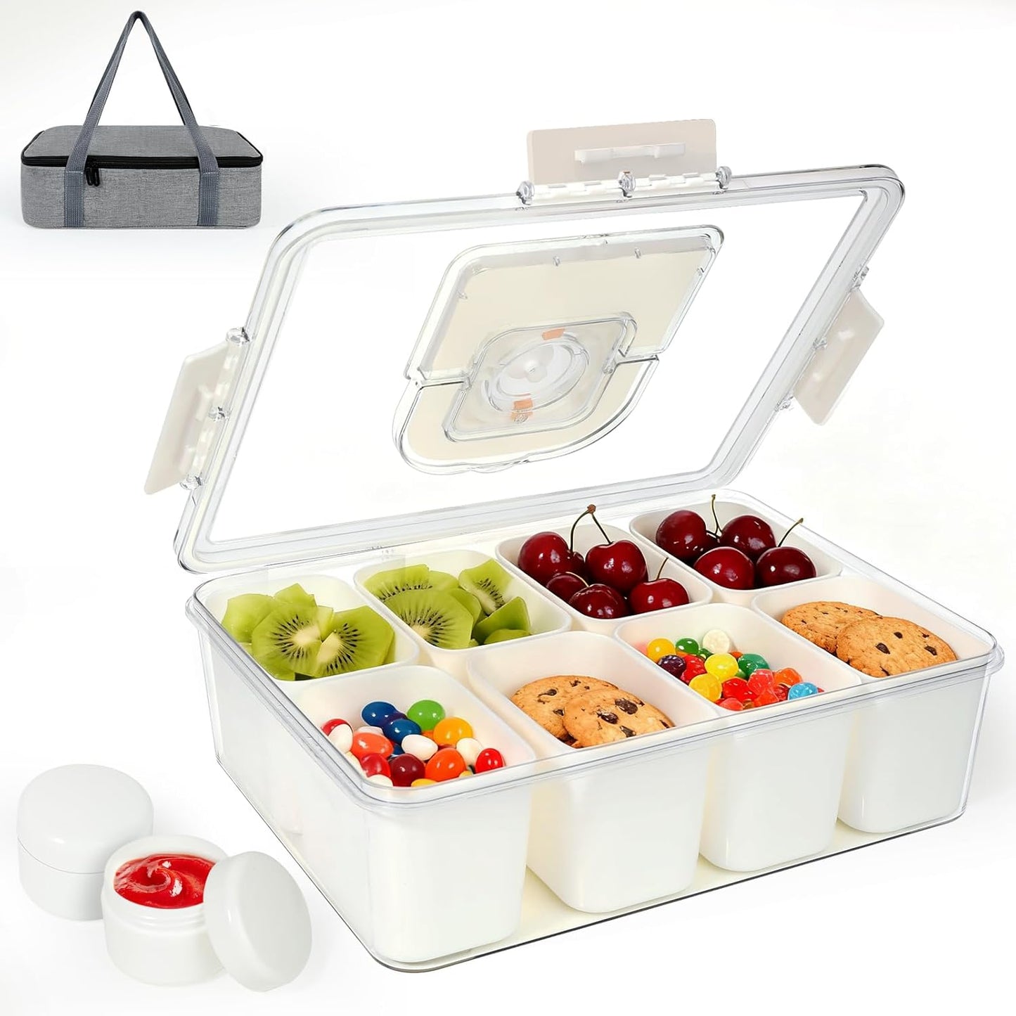 Snackle Box Containers, Travel Snack Box Container with Insulated Bag, 8 Compartments Divided Serving Snack Tray with Lid, Portable Snacklebox, Charcuterie Fruit Platterbox Keep Food Fresh for picinic