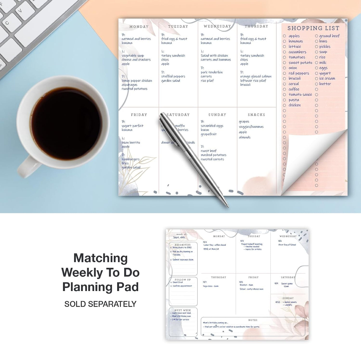 Global Printed Products 8.5" x 11" Horizontal Meal Planning Pad, 60-Sheets, Soft Pink Floral