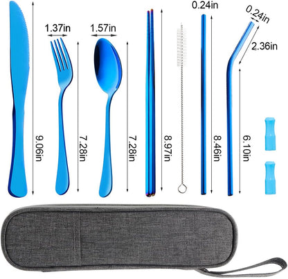 Travel Utensils Set with Case Reusable Portable Cutlery Set Stainless Steel 8pcs Including Dinner Knife Fork Spoon Chopsticks Straws(Rainbow)