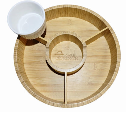 Premium Bamboo Veggie Tray w/Removable Ceramic Dip Bowl- Wooden Serving Platter for Cut Vegetables, Chips, Dips, and Appetizers - Perfect Party Tray for Entertaining (12”)
