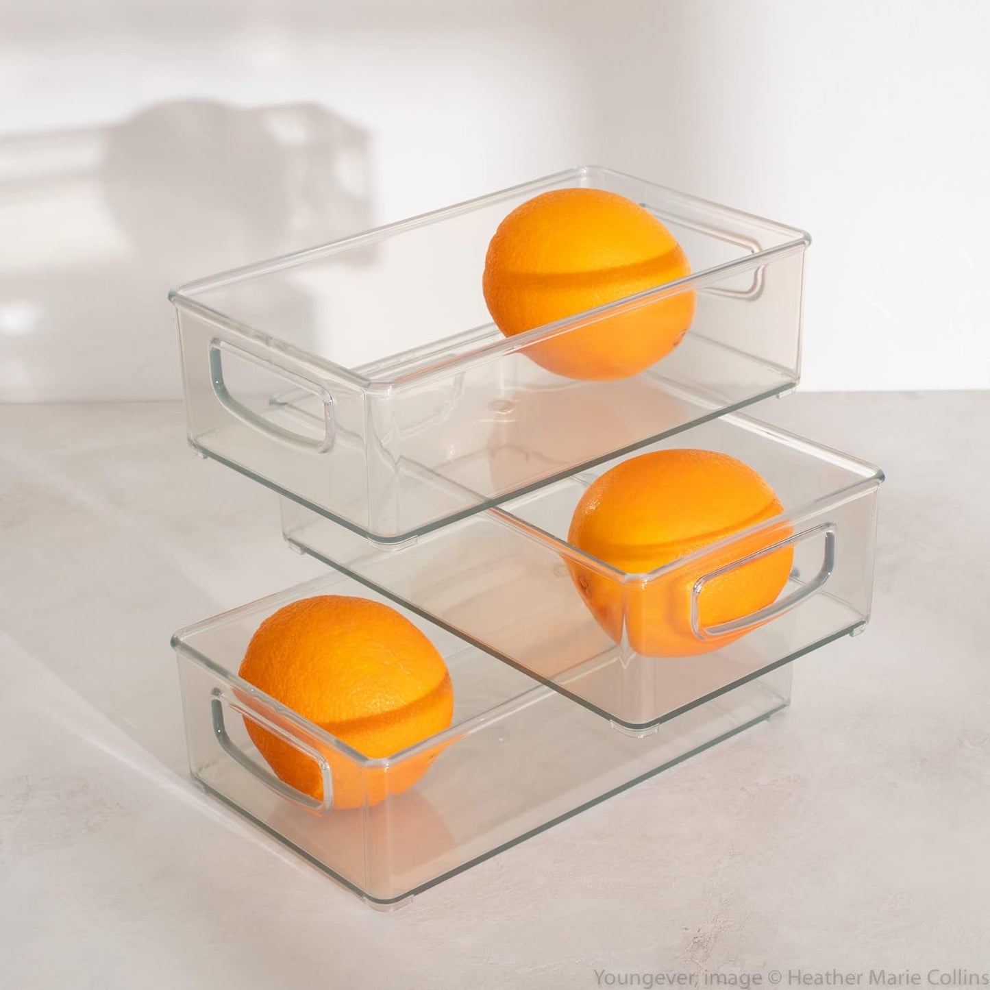 Youngever 2 Pack Stackable Plastic Storage Organizer Container Bin, Stackable Storage Bins with Handler for Refrigerator, Pantry (16" x 4" x 5")