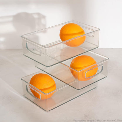 Youngever 2 Pack Stackable Plastic Storage Organizer Container Bin, Stackable Storage Bins with Handler for Refrigerator, Pantry (16" x 4" x 5")