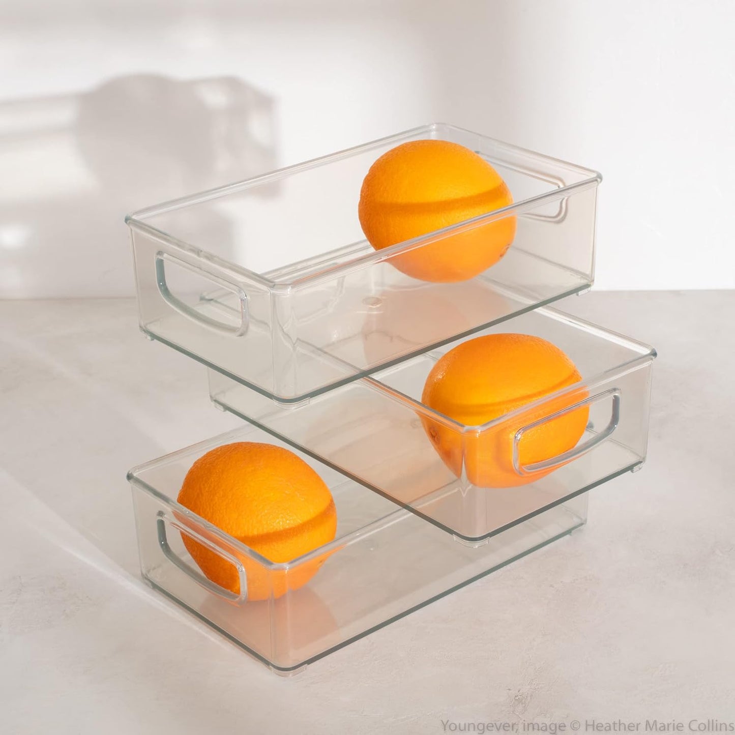 Youngever 4 Pack Stackable Plastic Storage Organizer Container Bins, Stackable Storage Bins with Handler for Refrigerator, Pantry (10" x 4" x 3")