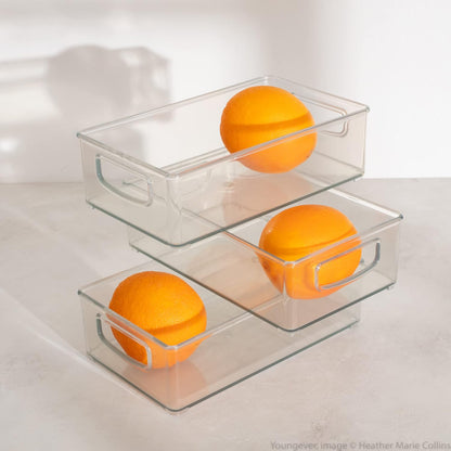 Youngever 4 Pack Stackable Plastic Storage Organizer Container Bins, Stackable Storage Bins with Handler for Refrigerator, Pantry (10" x 4" x 3")