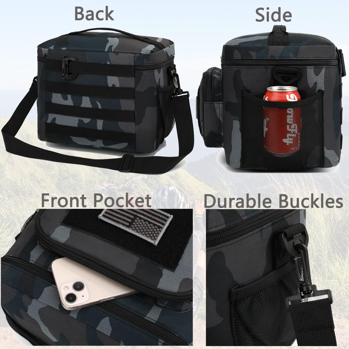 FlowFly Lunch Bag, Insulated Cooler, Thermal Lunch Box Tote with MOLLE/PALS Webbing, Adjustable Padded Shoulder Strap, for Tactical Men Women Adults and Boys Girls Kids (Cyan, Medium)