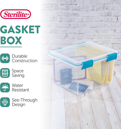 Sterilite 80 Qt Gasket Box, Stackable Storage Bin with Latching Lid and Tight Seal, Plastic Container to Organize Basement, Clear Base and Lid, 1-Pack