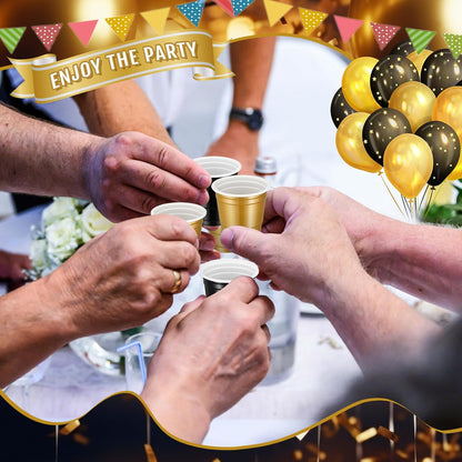 Roshtia 100 Pack 2 oz Plastic Shot Cups, Mini Disposable Shot Glasses 2 oz Wedding Party Cups for Bridal Shower Wedding Party, Beer Taste Serving, Snacks(Black, Gold)