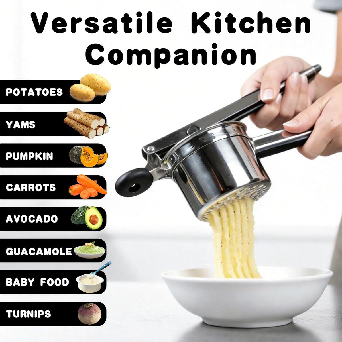 15oz Stainless Steel Potato Ricer - Heavy Duty Mashed Potato Ricer with Silicone Grip, Dishwasher Safe Professional Kitchen Tool for Perfect Mashed Potatoes & Purees
