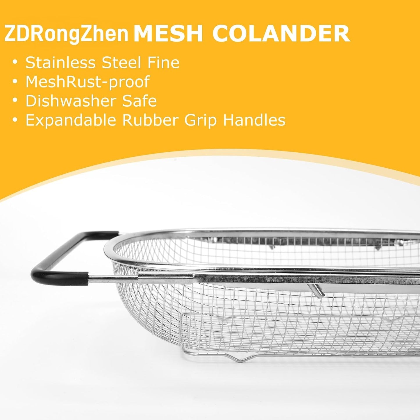 ZDRongZhen Kitchen Accessories Over the Sink Colander Strainer Basket，Stainless Steel Colander with Expandable Rubber Grip Sink Drainer-Rinse Vegetables Fruits &Strain&Drain (Large-Fine mesh)