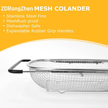 ZDRongZhen Kitchen Accessories Over the Sink Colander Strainer Basket，Stainless Steel Colander with Expandable Rubber Grip Sink Drainer-Rinse Vegetables Fruits &Strain&Drain (Large-Fine mesh)