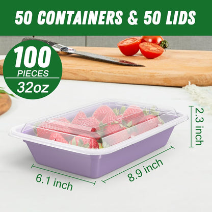 50 Pack (100-Piece) 32 oz Meal Prep Containers Reusable with Easy Open Lids, Sturdy Leakproof Food Safe, Microwave Freezer Dishwasher Safe, To Go Take Out Plastic Food Storage Pans with Lids, Black