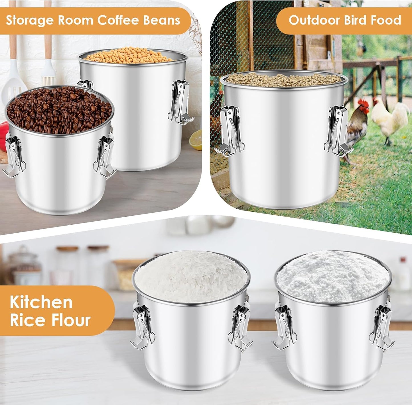 304 Stainless Steel Food Containers with Lids,12L/20LBS Airtight Food Storage Containers with Lock Clips for Flour Rice Sugar Coffee Bean,Stainless Steel Food Storage Containers for Kitchen