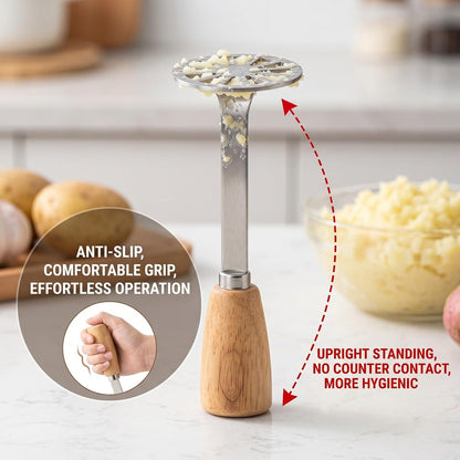 Small Potato Masher,Stainless Steel Tool Ergonomic Non‑Slip Wooden Handle