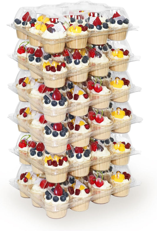 WIKDAY 12 Count x 12 Sets Plastic Cupcake Containers, Durable and BPA-Free Cupcake Holder with Lid for Easy Transport Storage, Stackable Clear Cupcake Carriers, Reusable Dessert Boxes