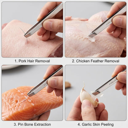 Seafood Fish Bone Remover Tweezers Set 1 Flat Tip 1 Slant Tip Stainless Steel Kitchen Seafood Tweezers for Fish Shrimp Crab Bone Picking Vein Removing Seafood Processing