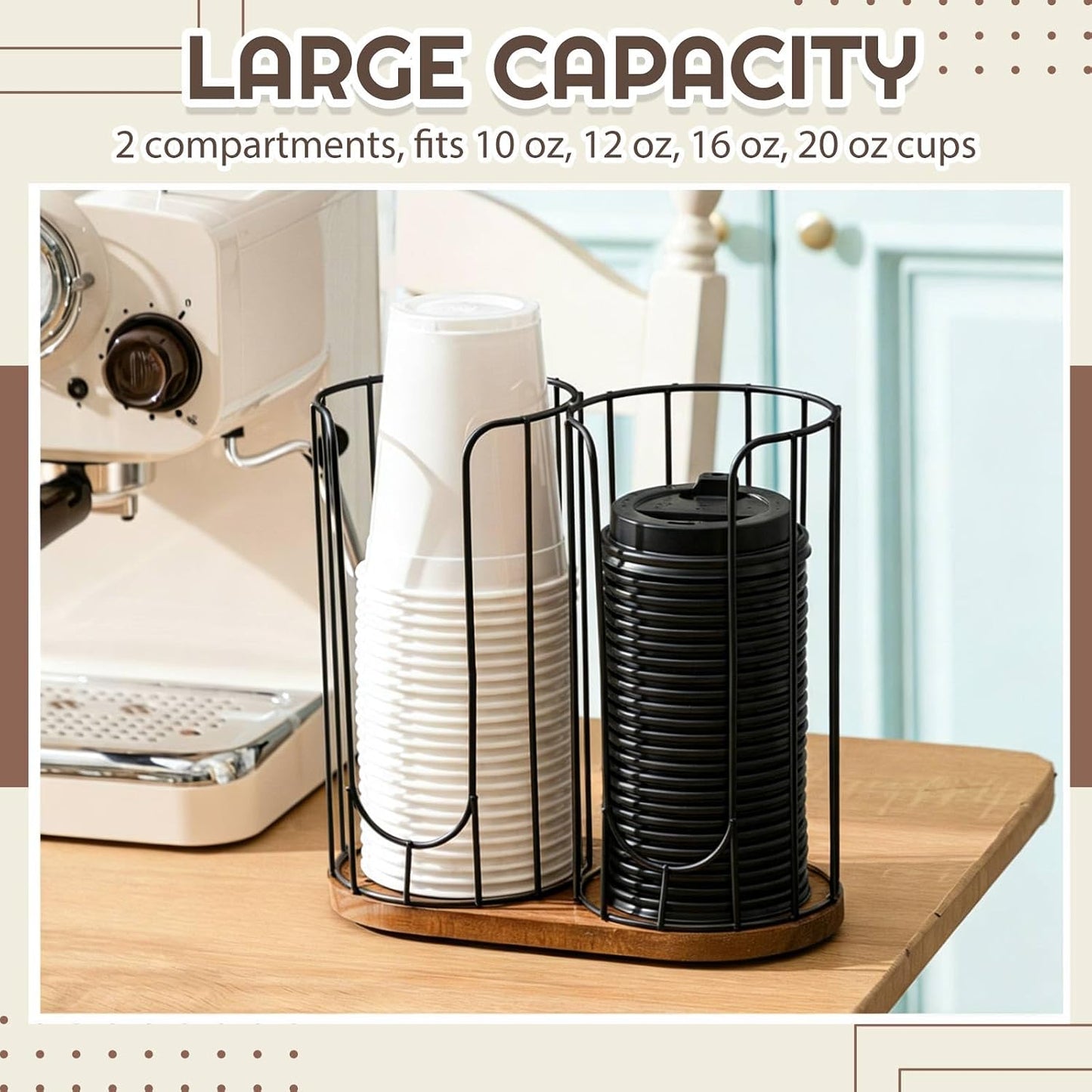 Geelin 18oz Adjustable Coffee Cup Dispenser with Wooden Base, Cup and Lid Holder, Cups Holder Organizer for Coffee Pod Straw and Lid Storage(2-compartment Single,Color 2)