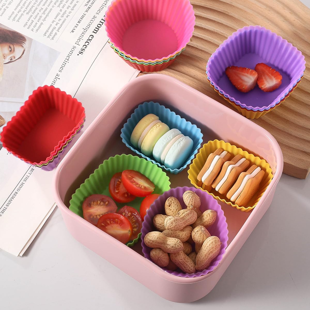 12 Pack Reusable Baking Silicone Molds, Round Cupcake Liners, Silicone Baking Cups Multicolor, Easy Clean, Heat Resistant, Muffin Cups for Homemade Birthday