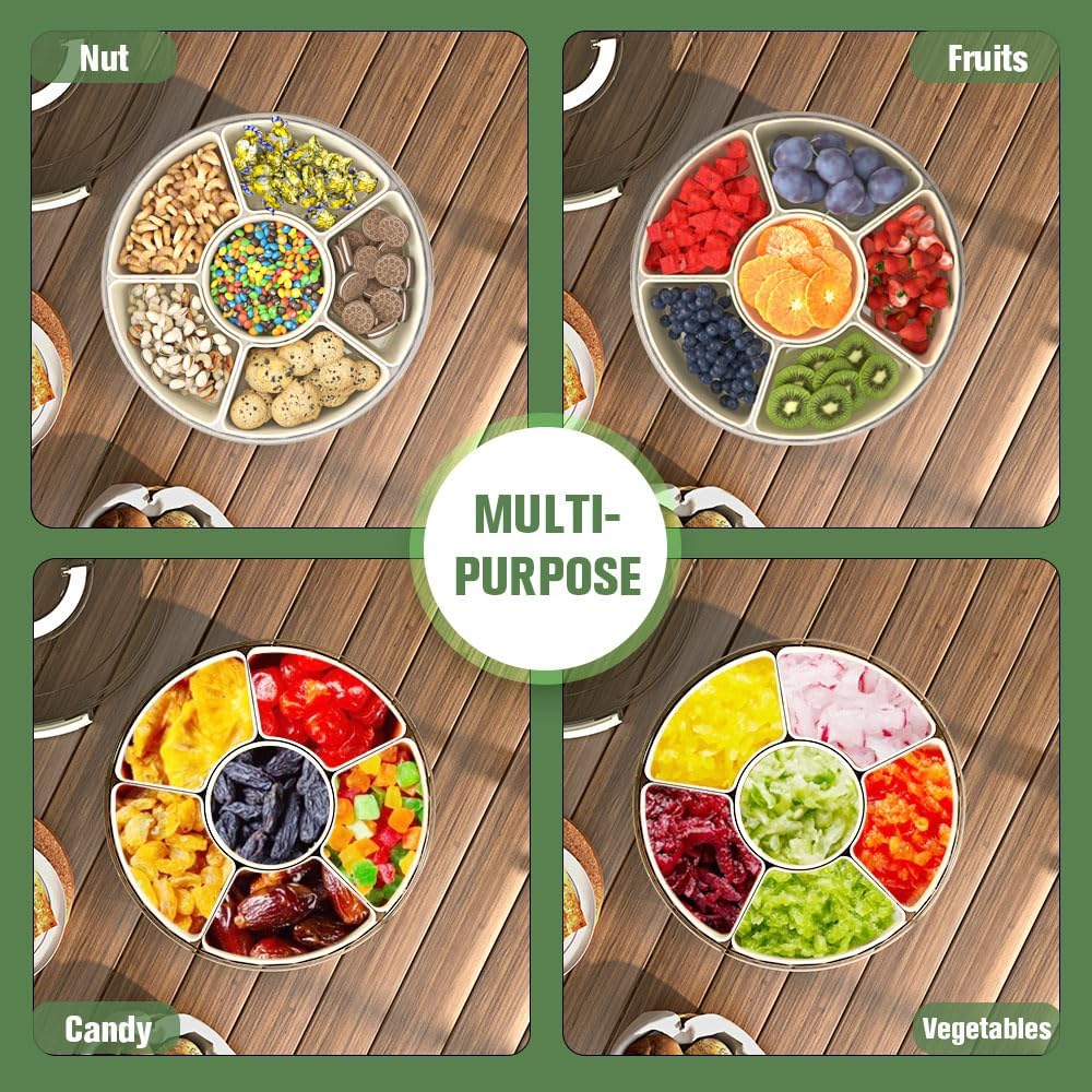 Divided Serving Tray with Lid and Handle, Portable Snackle Box for Veggie, Fruit Snacks Organizer, Clear Snack Spinner Container for Outdoor, Kitchen, Party, Travel