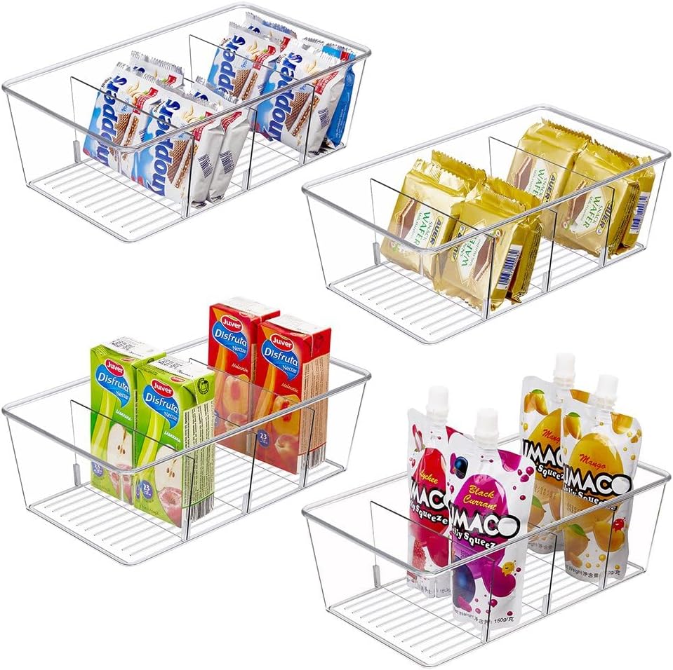 4PCS Food Storage Organizer Bins Clear Plastic Removable Snack Organizer Pantry Organization Storage Racks with Removable Divider,Perfect for Kitchen,Fridge,Cabinet,Bathroom Organization