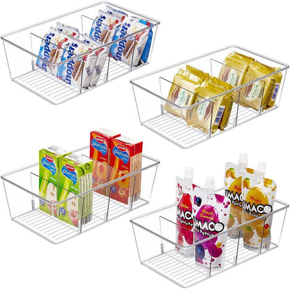 4PCS Food Storage Organizer Bins Clear Plastic Removable Snack Organizer Pantry Organization Storage Racks with Removable Divider,Perfect for Kitchen,Fridge,Cabinet,Bathroom Organization