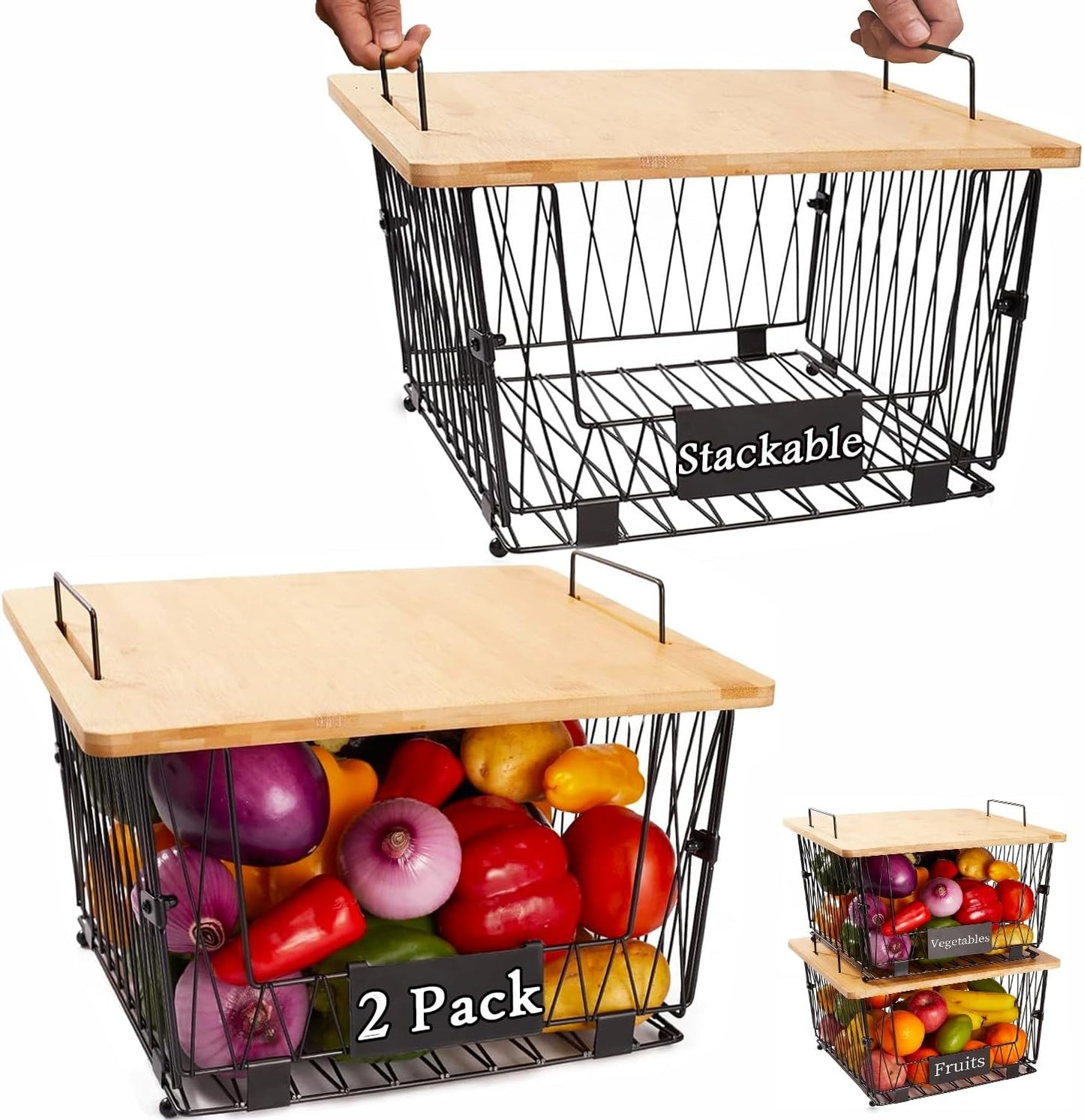 【XXL Big Size】 2 Pack Stackable Wire Storage Baskets with Wood Lid- Kitchen Countertop Organizer for Fruit Vegetable -Large Metal Bin for Pantry Organization and Storage, Black