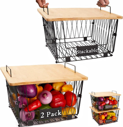 【XXL Big Size】 2 Pack Stackable Wire Storage Baskets with Wood Lid- Kitchen Countertop Organizer for Fruit Vegetable -Large Metal Bin for Pantry Organization and Storage, Black