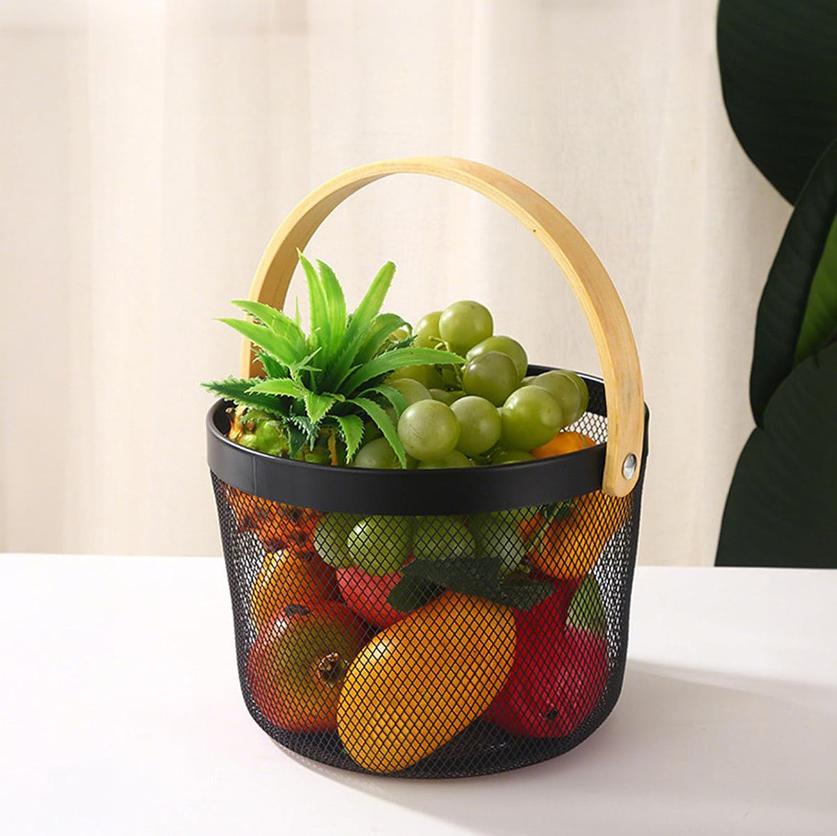 AJIODA Metal Mesh Steel Wire Basket, Round Storage Organizer Basket with Wooden Handle Multi-functional Hanging Kitchen Baskets Fruit Baskets for Kitchen Bathroom Picnic Decor Cabinet Home, White
