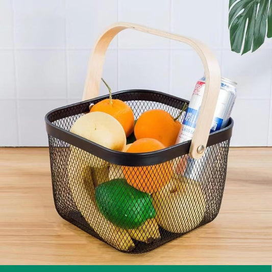 AJIODA Metal Mesh Wire Basket, Large Steel Basket with Wooden Handle Storage Organizer Basket Multi-functional Hanging Kitchen Baskets Fruit Baskets for Kitchen Bathroom Cabinet Pantry Snacks, Black