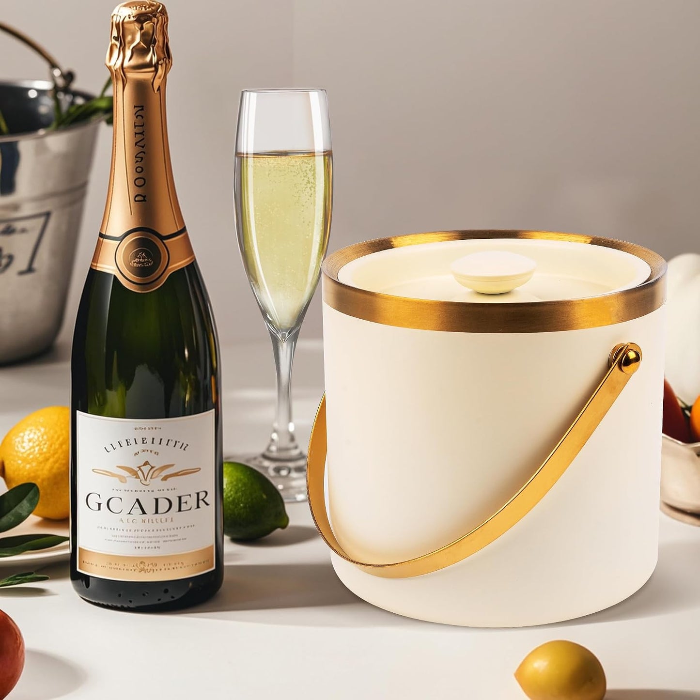 3L beige white Double Wall Insulated Stainless Steel Ice Bucket with scoop for Cocktail Bar,Metal Ice Bucket for freezer with Lid for parties.ice Container to Keep Ice Colder,bar cart accessories