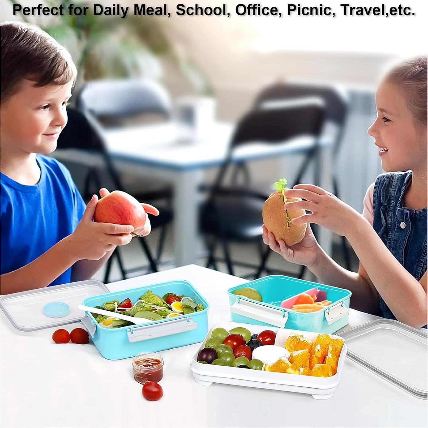 3 Pack Salad Lunch Box Food Storage Containers, 47oz Bento Box To Go Container with Lids, Reusable Meal Prep Containers with Removable Tray & Dressing Pots for Kids and Adults, Microwave Safe