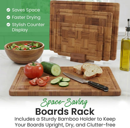 Bamboo Cutting Board Set of 3 with Holder | Non-Slip End Grain Chopping Block | Heavy-Duty Knife-Safe Bamboo Wood Cutting Boards for Kitchen Prep | Deep Juice Groove for Meat Veggies & Fruits