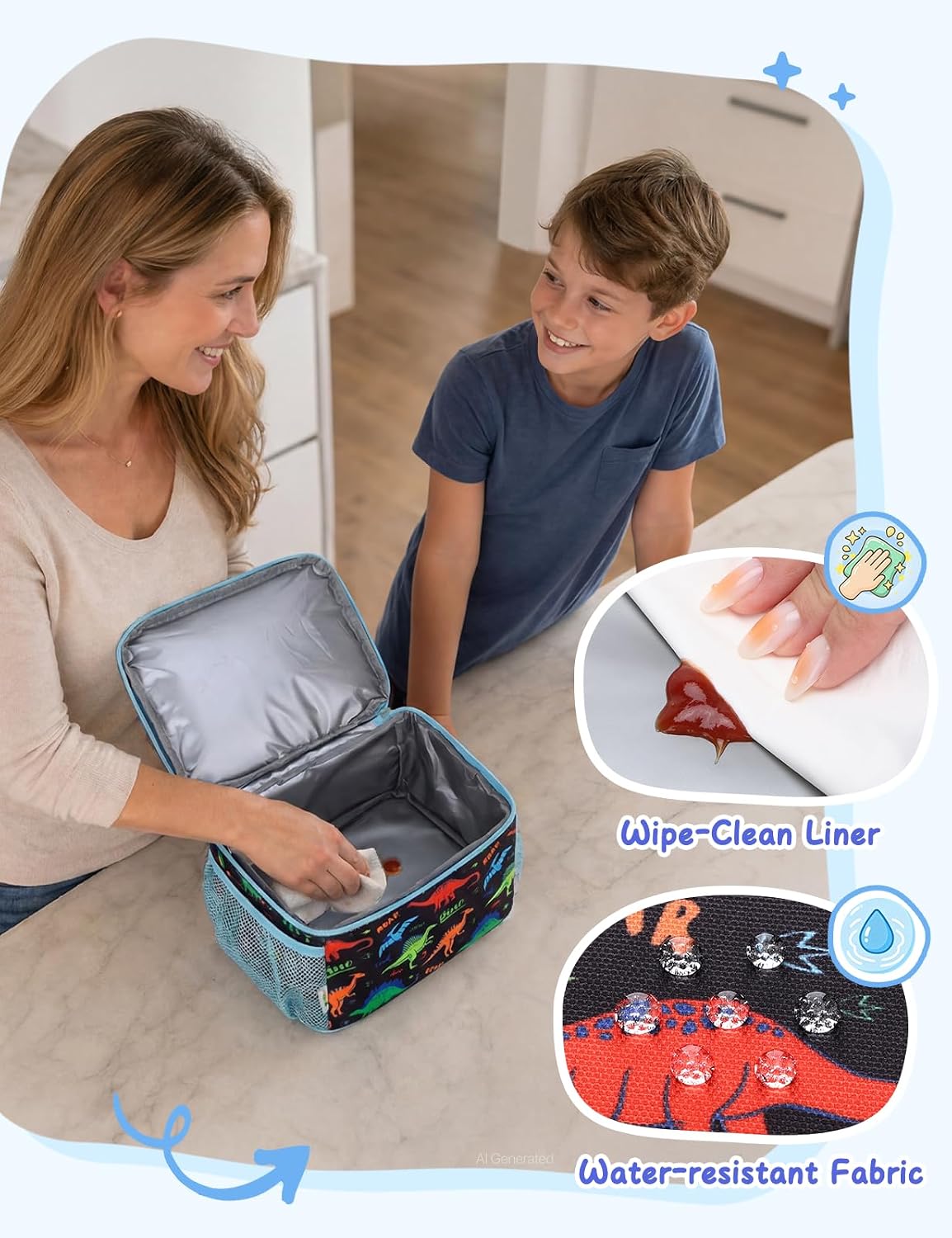 VASCHY Lunch Box Bag for Kids, Insulated Double Compartments Cooler Lunch Tote for Toddlers Boys Girls School/Daycare/Picnic Black Dinos